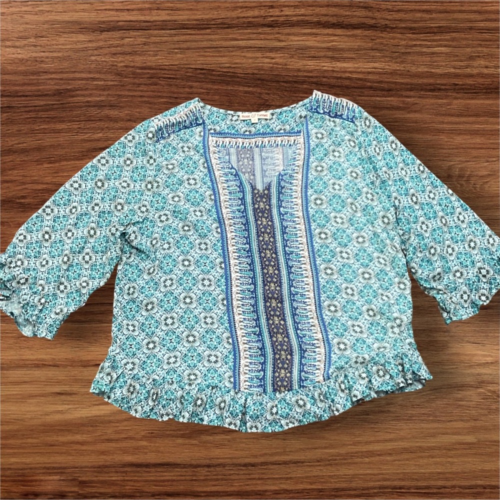 Rose & Thyme Womens Blue Teal Medallion Print Boho Ruffle Blouse Top Size M